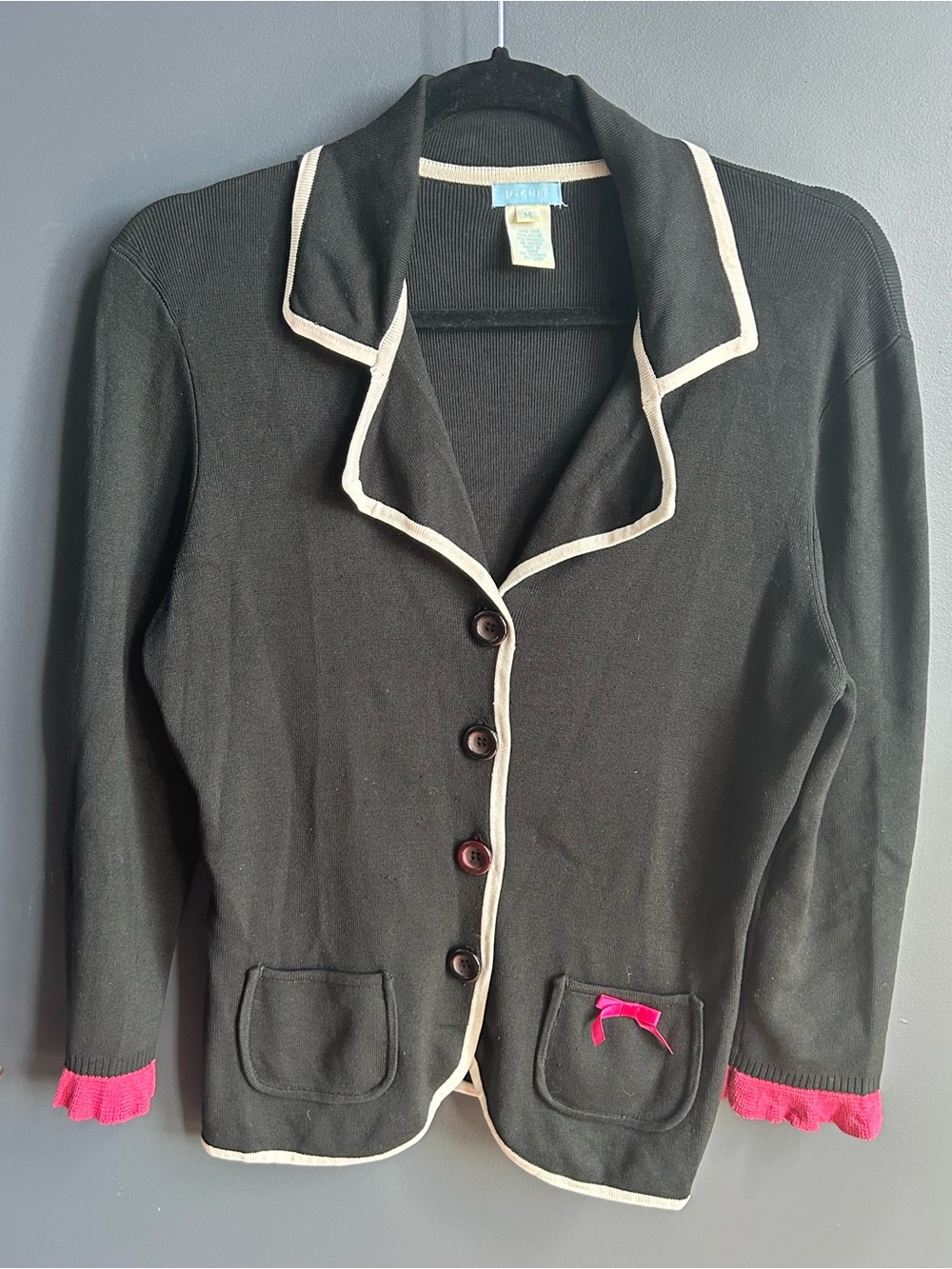 U-Knit Dresses Black Cardigan with Cream Trim and Pink Accents